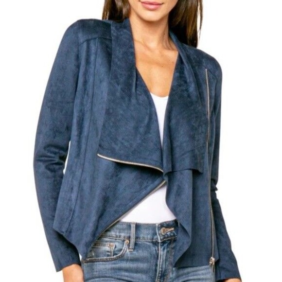 BLANKNYC Navy Drape Front Suede Asym Jacket Academia Money Architectural Capsule - Picture 7 of 11